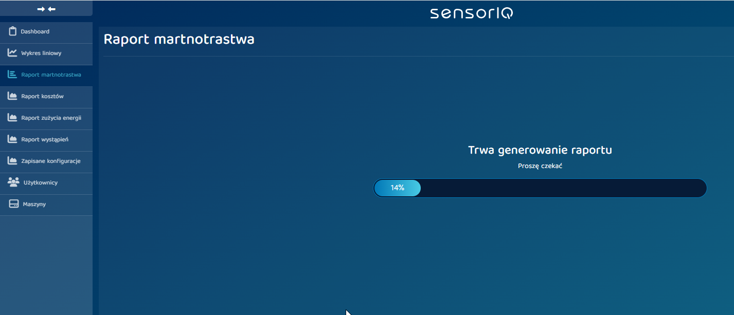 SensorIQ — raport marnotrawstwa, generowanie raportu, pasek postępu